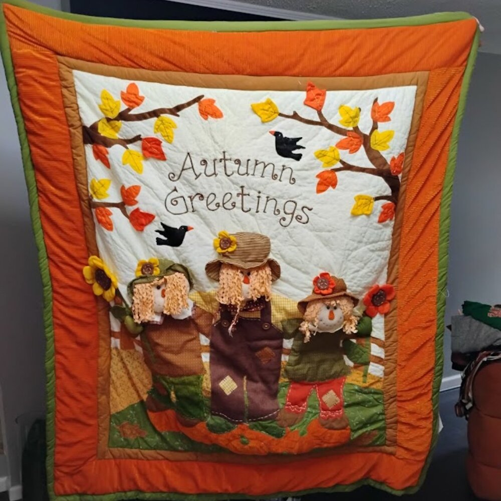Autumn Greetings Scarecrow Appliqué Quilt Fall Wall Hanging Throw Blanket